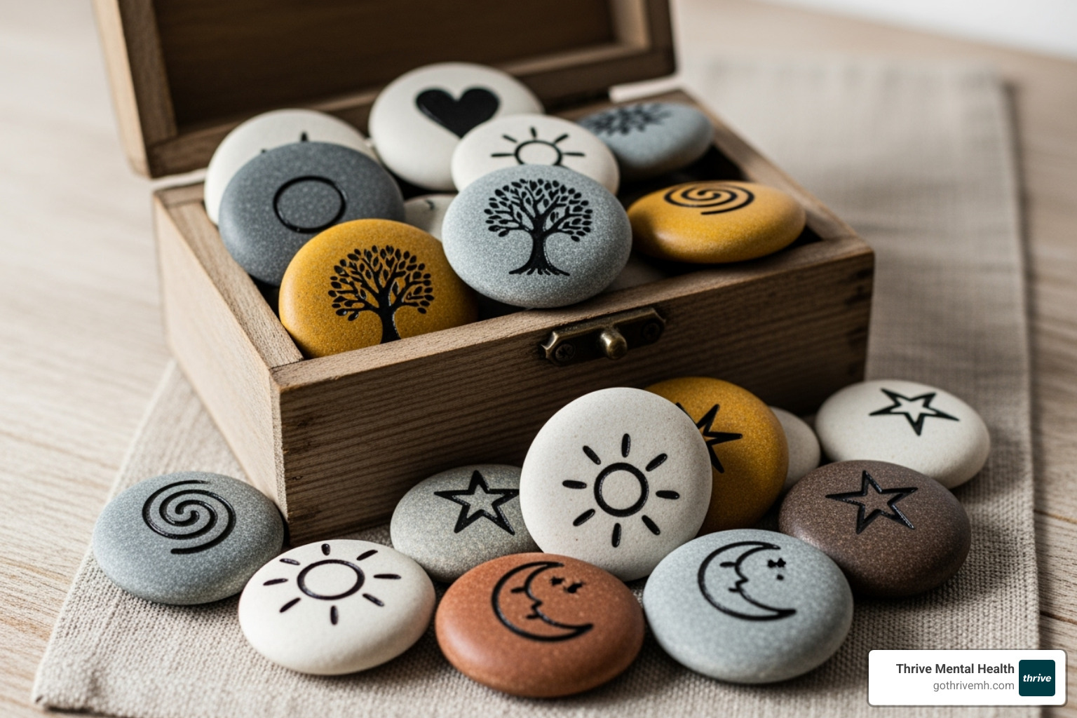 decorated story stones and a memory box - mental health art activity