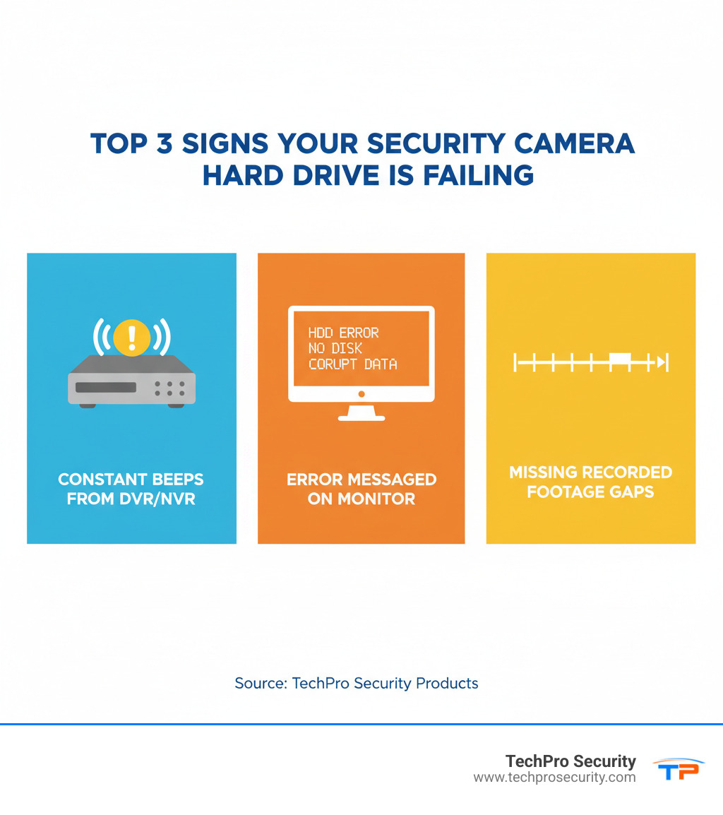 Infographic showing the top 3 signs a security camera hard drive is failing: a DVR with a beeping alert icon, a monitor displaying HDD error codes, and a timeline with missing recorded footage gaps - hard drive replacement infographic 