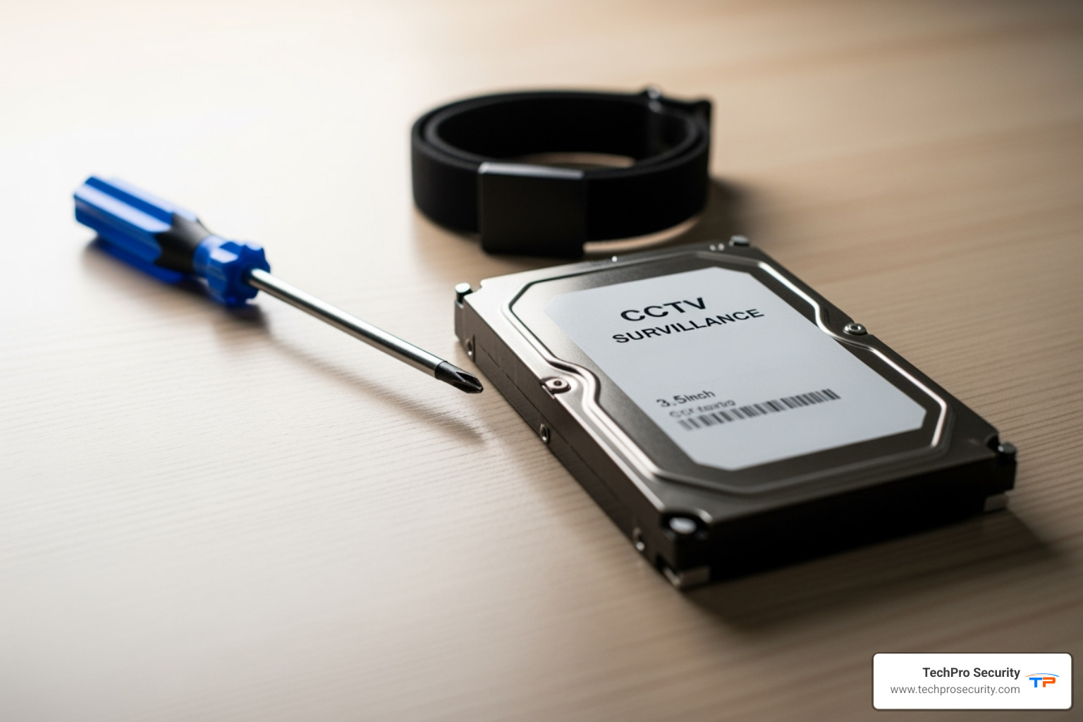 The tools needed for a hard drive replacement, including a Phillips screwdriver, a new surveillance-grade hard drive, and an anti-static wrist strap. - hard drive replacement