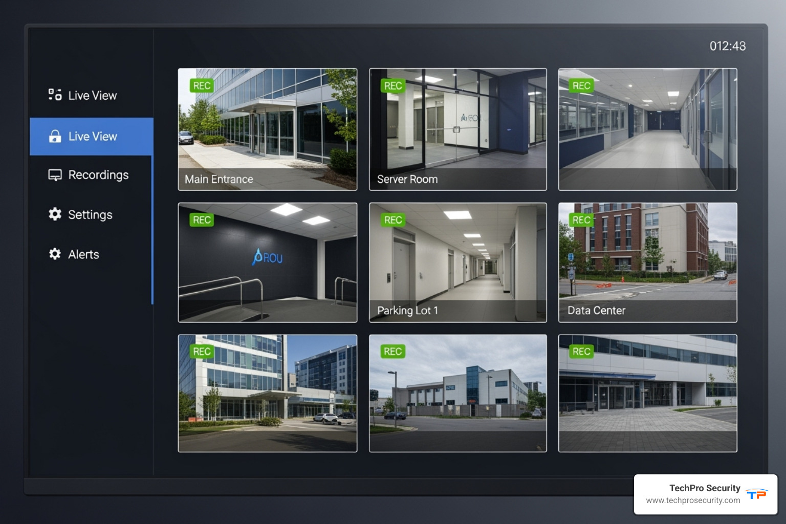 A functioning security system dashboard showing a healthy recording status with green indicators for all cameras. - hard drive replacement