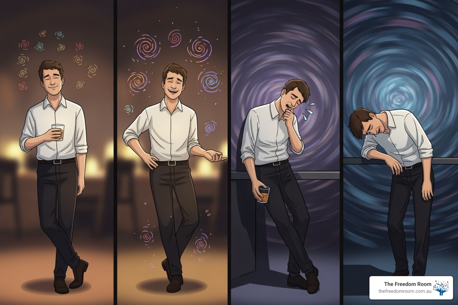 Four-panel image demonstrating the progressive physical and mental alcohol abuse effects, including loss of coordination and severe dizziness.