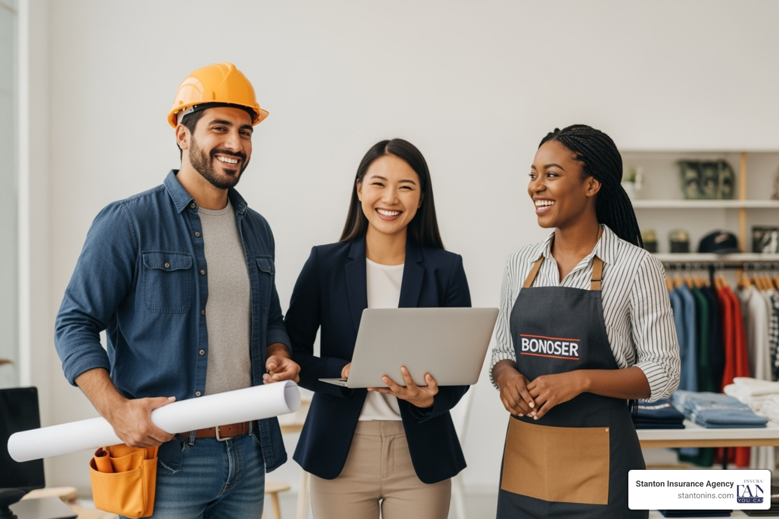 Contractor, consultant, and retail owner representing different industries - Business liability coverage