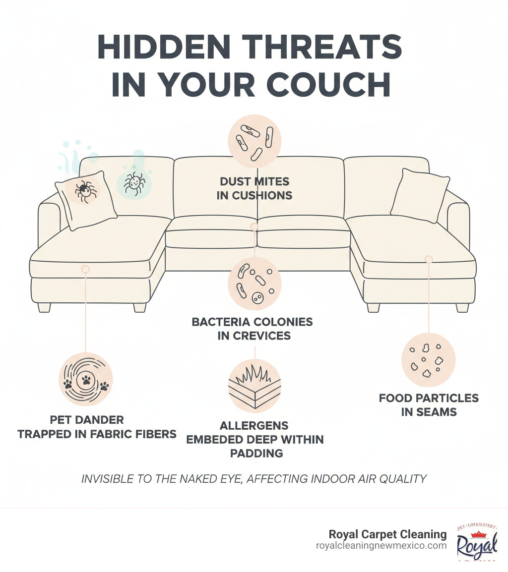 Infographic showing the hidden threats in upholstered furniture: dust mites in cushions, pet dander trapped in fabric fibers, bacteria colonies in crevices, allergens embedded deep within padding, and food particles in seams—all invisible to the naked eye but affecting indoor air quality - clean upholstered furniture infographic 