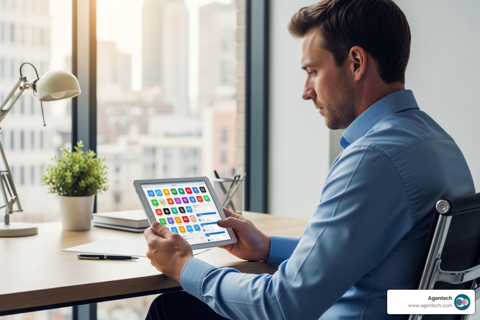 a professional reviewing different software options on a tablet - insurance workflow automation software