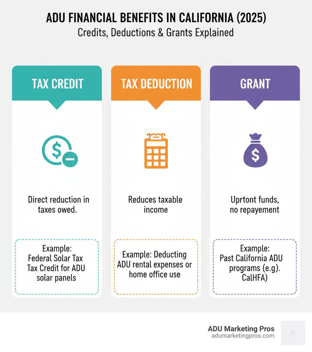 Infographic showing three columns: Tax Credit (dollar sign with minus symbol, labeled "Direct reduction in taxes owed"), Tax Deduction (calculator with receipt, labeled "Reduces taxable income"), and Grant (money bag with gift ribbon, labeled "Upfront funds, no repayment"). Each column includes a brief example related to ADUs in California. - adu tax credit california infographic 