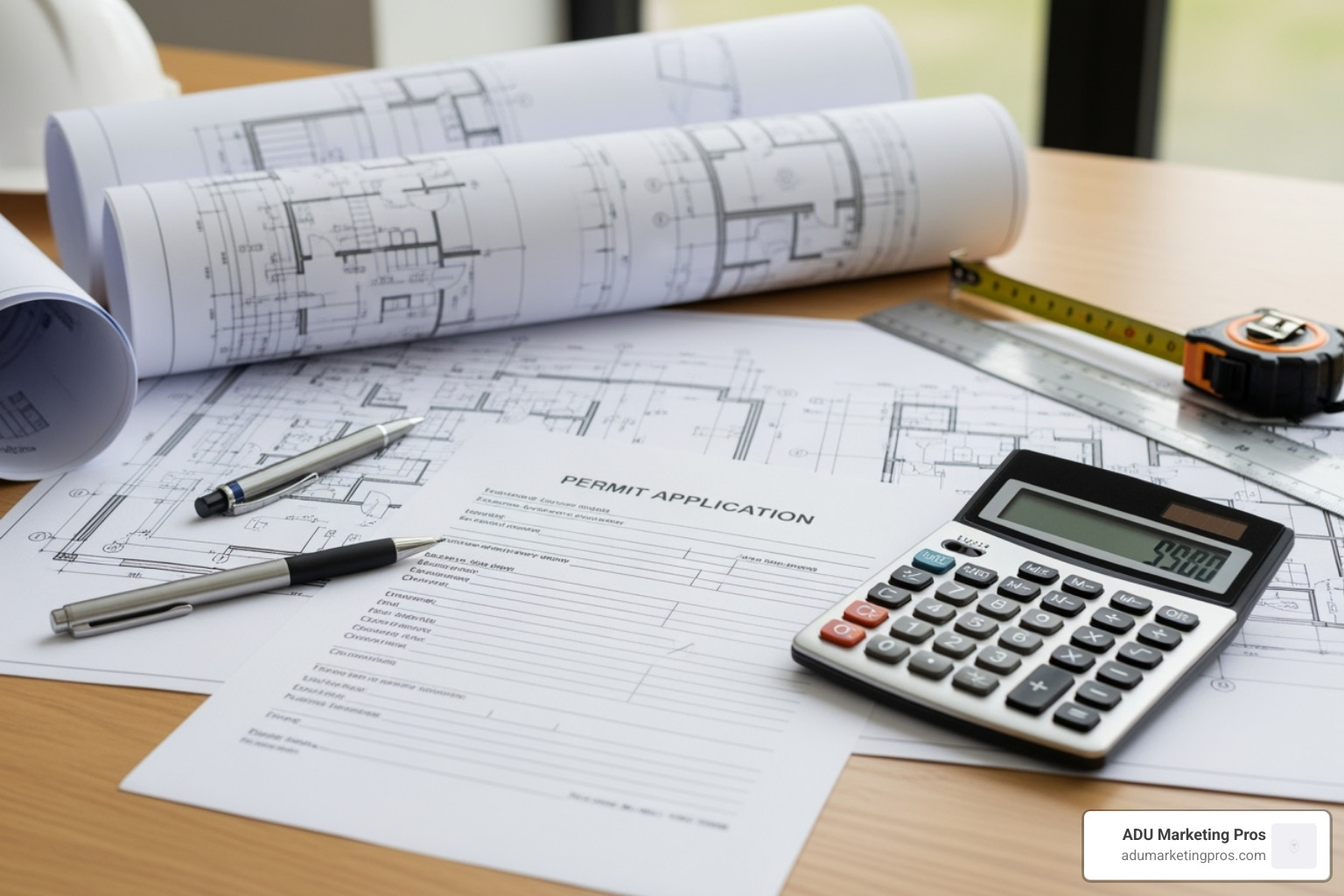 desk with architectural plans, a permit application form, and a calculator - adu tax credit california