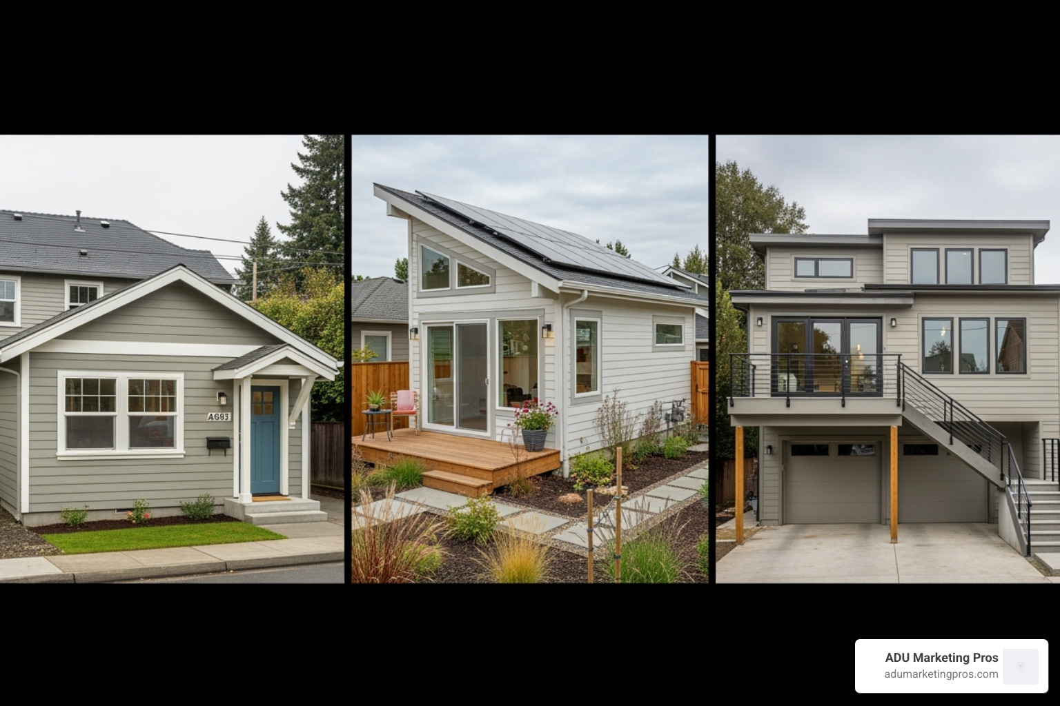 Collage of different ADU styles, including a garage conversion, a small detached backyard cottage, and an above-garage unit, representing diverse local options - adu rebates california Collage of different ADU styles, including a garage conversion, a small detached backyard cottage, and an above-garage unit, representing diverse local options - adu rebates california