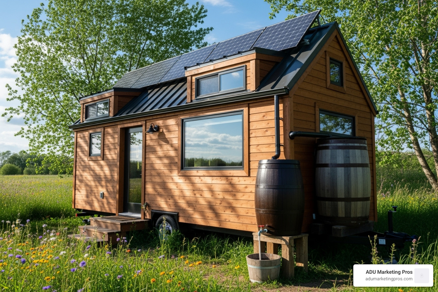 Solar panels on a tiny house roof with a rainwater collection system visible, illustrating sustainable living features - Tiny home movement Solar panels on a tiny house roof with a rainwater collection system visible, illustrating sustainable living features - Tiny home movement