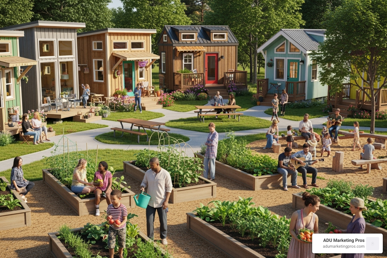 A vibrant tiny house community with shared green spaces, a community garden, and residents interacting, fostering a sense of belonging - Tiny home movement A vibrant tiny house community with shared green spaces, a community garden, and residents interacting, fostering a sense of belonging - Tiny home movement