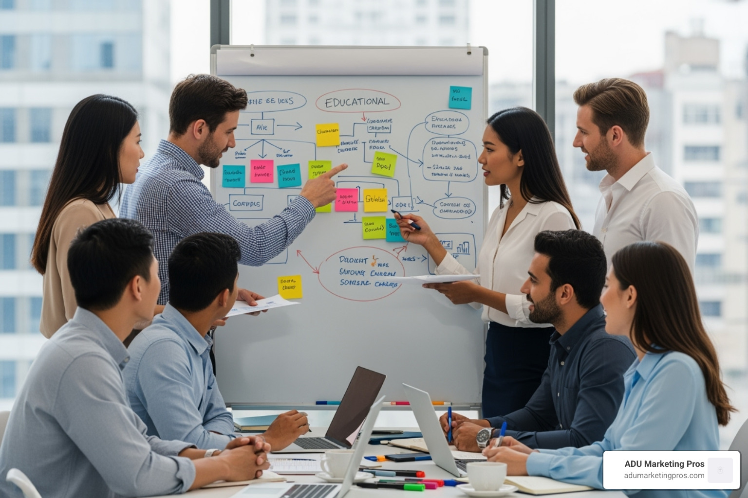 team collaborating around a whiteboard, planning their educational content strategy - adu education engine team collaborating around a whiteboard, planning their educational content strategy - adu education engine