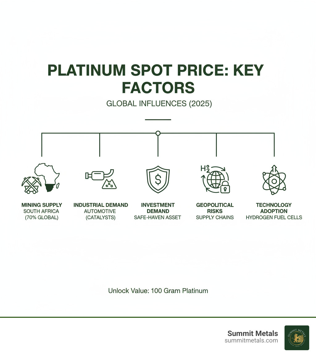 Infographic showing the key factors that influence the spot price of platinum: mining supply from South Africa (70% of global production), industrial demand from automotive sector (catalytic converters), investment demand as a safe-haven asset, geopolitical risks affecting supply chains, and hydrogen fuel cell technology adoption - platinum 100 gram price infographic  Infographic showing the key factors that influence the spot price of platinum: mining supply from South Africa (70% of global production), industrial demand from automotive sector (catalytic converters), investment demand as a safe-haven asset, geopolitical risks affecting supply chains, and hydrogen fuel cell technology adoption - platinum 100 gram price infographic