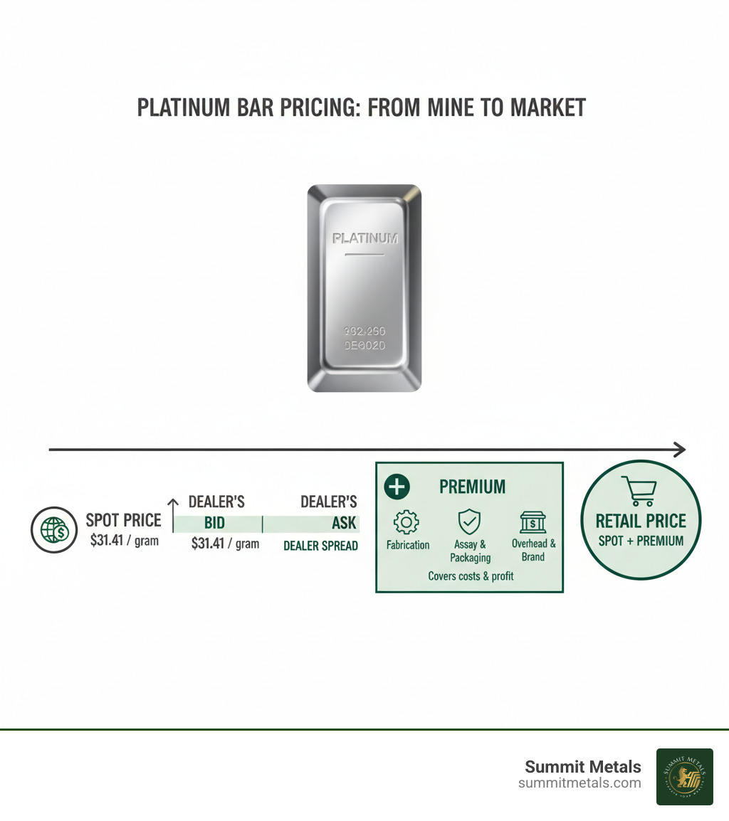 A diagram illustrating the difference between spot price, bid price, ask price, and the dealer's premium for a precious metal bar, showing how the retail price is derived from the spot price plus various added costs. - platinum 100 gram price infographic  A diagram illustrating the difference between spot price, bid price, ask price, and the dealer's premium for a precious metal bar, showing how the retail price is derived from the spot price plus various added costs. - platinum 100 gram price infographic