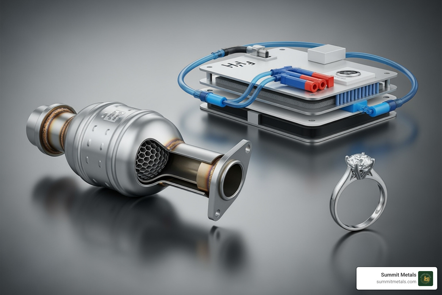 A detailed illustration showing a catalytic converter, a hydrogen fuel cell, and a piece of platinum jewelry, representing the diverse industrial and consumer demands for platinum. - platinum 100 gram price A detailed illustration showing a catalytic converter, a hydrogen fuel cell, and a piece of platinum jewelry, representing the diverse industrial and consumer demands for platinum. - platinum 100 gram price