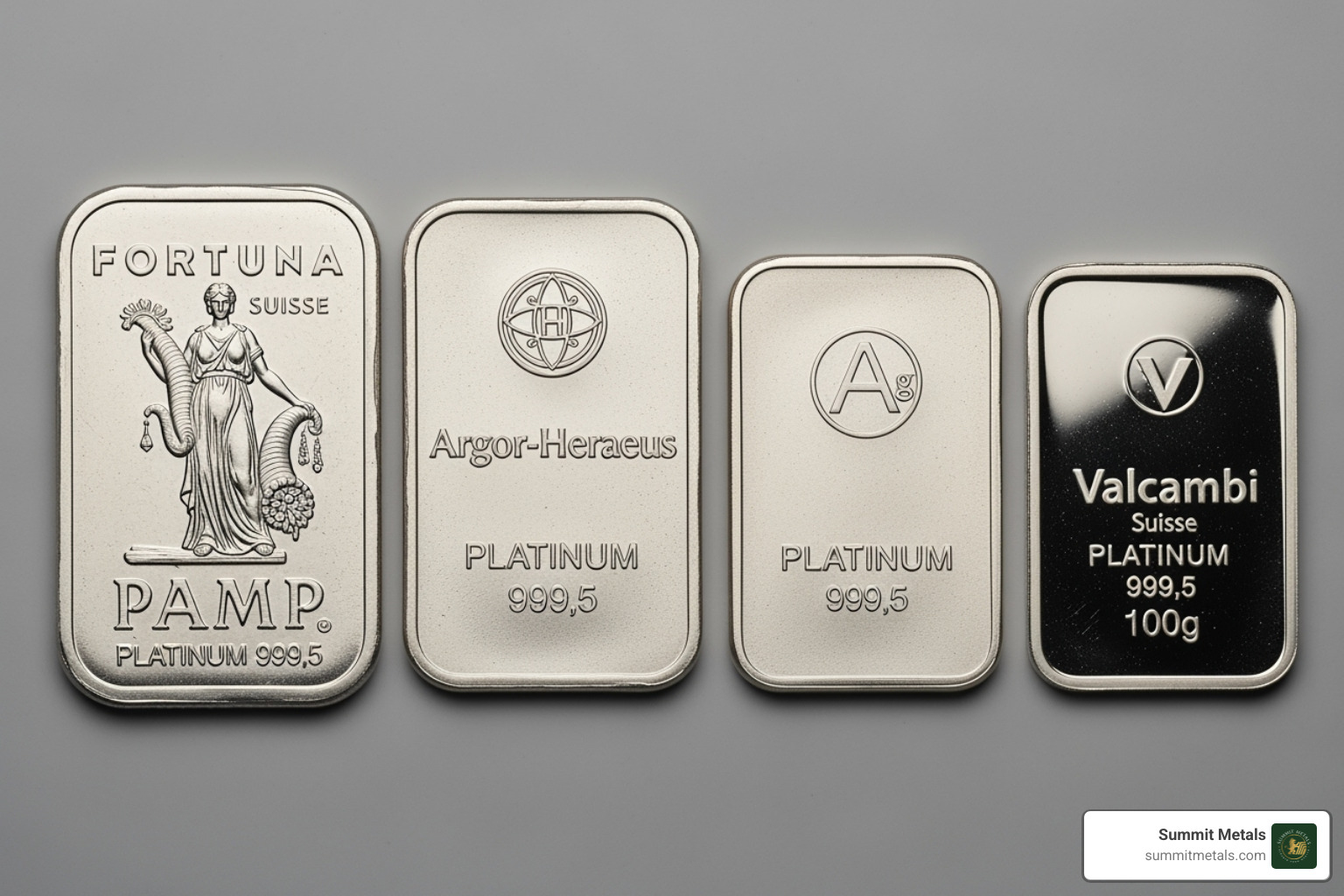 Various 100 gram platinum bars from different manufacturers like PAMP Suisse, Argor-Heraeus, and Valcambi, displayed side-by-side. - platinum 100 gram price Various 100 gram platinum bars from different manufacturers like PAMP Suisse, Argor-Heraeus, and Valcambi, displayed side-by-side. - platinum 100 gram price