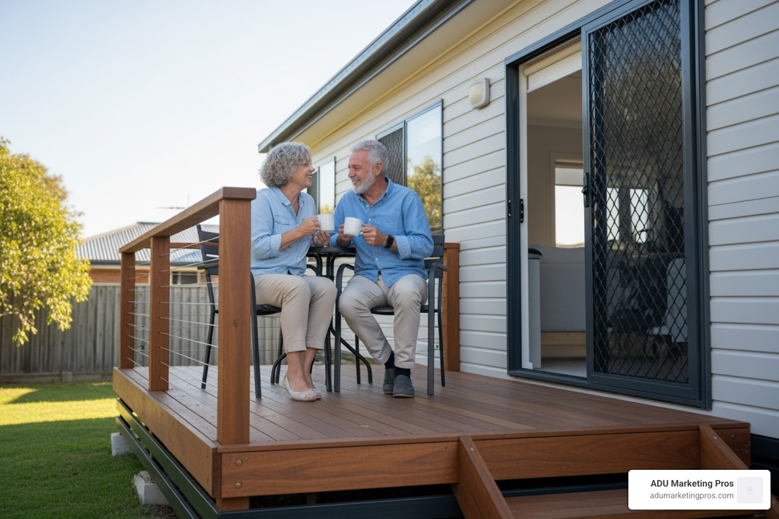 Happy couple enjoying a cup of coffee on the small deck of their new relocatable granny flat - relocatable granny flats for sale