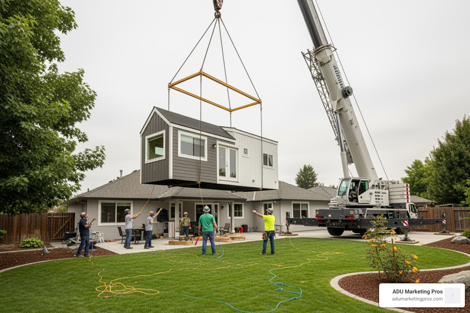Relocatable granny flat being craned into a backyard over a house - relocatable granny flats for sale