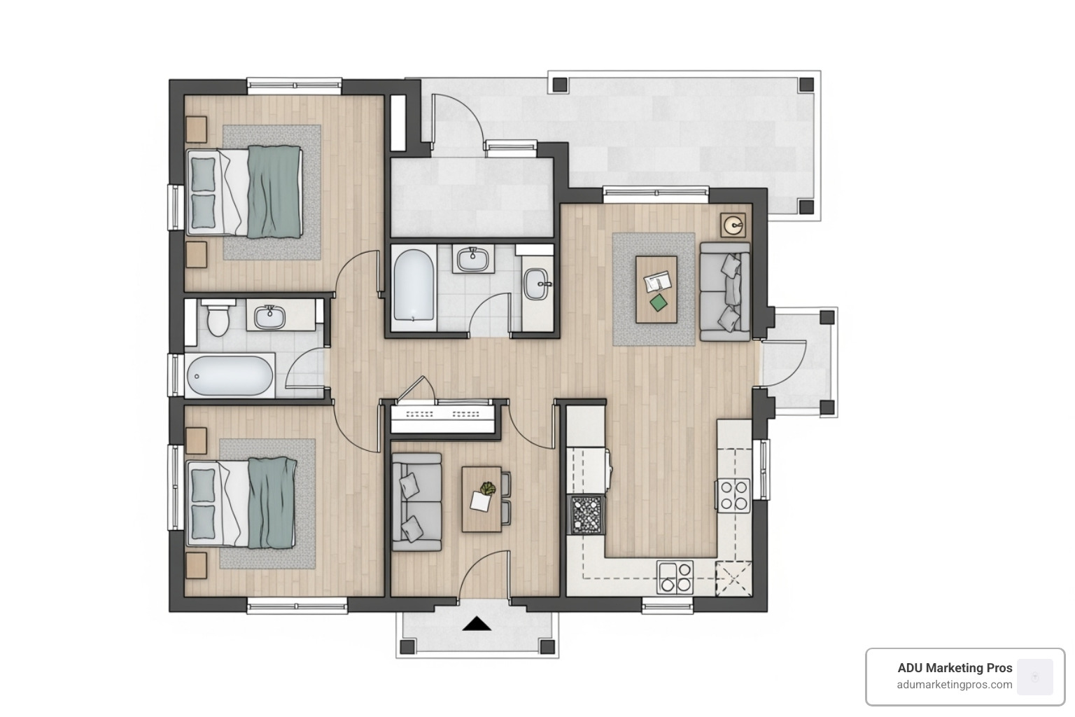 Floor plan for a two-bedroom relocatable granny flat with dimensions - relocatable granny flats for sale