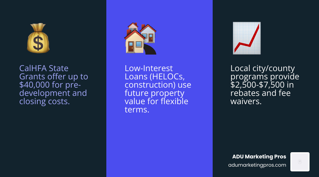 Infographic showing three columns: State Grants (CalHFA ADU Grant up to $40,000 for pre-development costs), Local Rebates (City programs offering $2,500-$7,500 based on unit size plus fee waivers), and Low-Interest Loans (Construction loans, HELOCs, and specialized ADU financing with flexible terms based on after-renovation value) - california adu incentives infographic 3_facts_emoji_blue