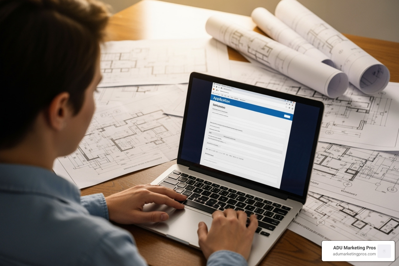 A person sits at a desk, carefully filling out an application form on a laptop, with architectural plans laid out in the background, symbolizing the detailed planning required for ADU projects. - california adu incentives