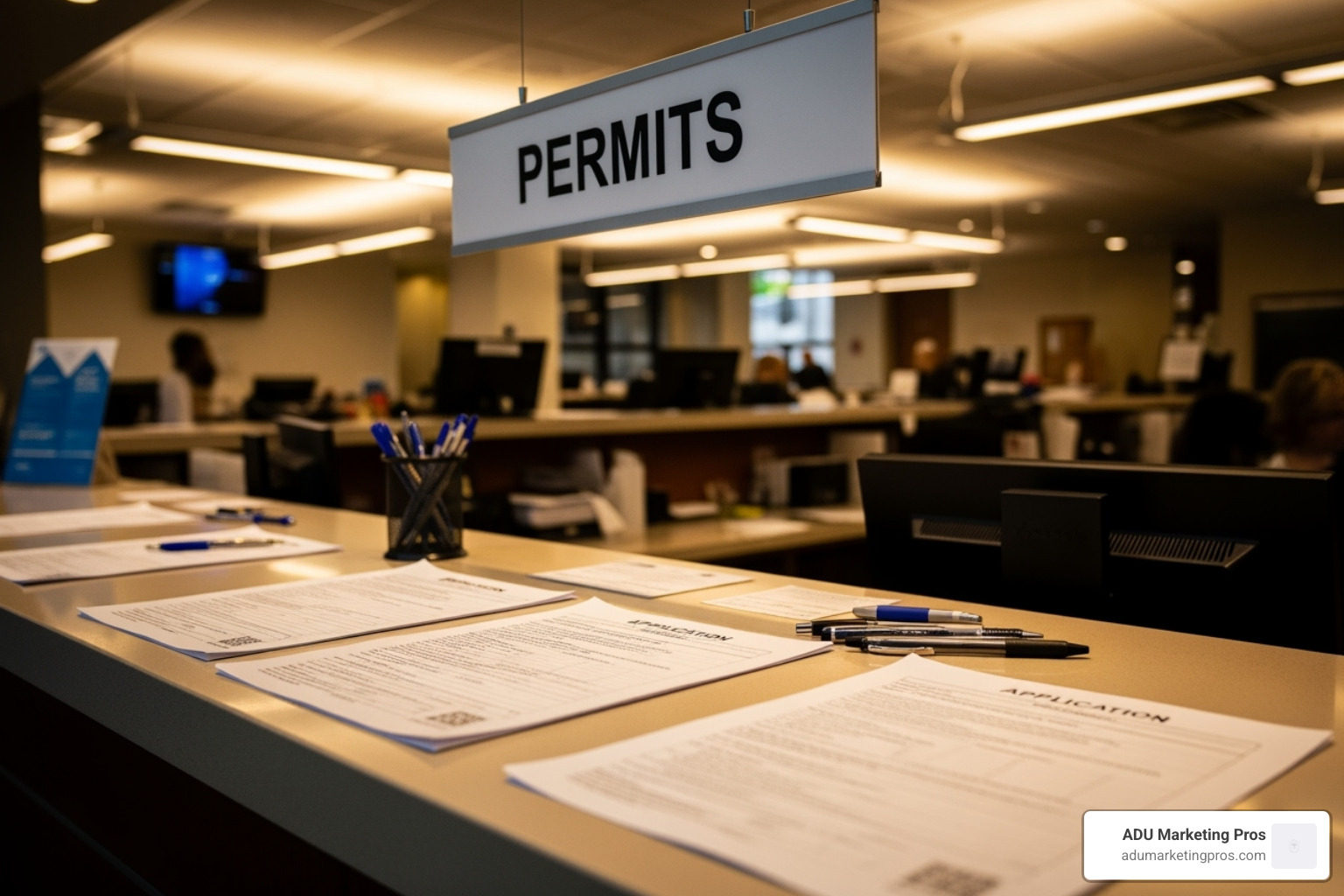 Image of a city permit office counter with various forms and a "Permits" sign. - Garage conversion plans Image of a city permit office counter with various forms and a "Permits" sign. - Garage conversion plans