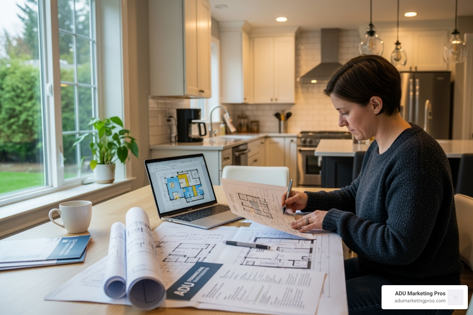 A homeowner sits at a kitchen table, reviewing ADU blueprints and financing documents on a laptop. - california adu incentives