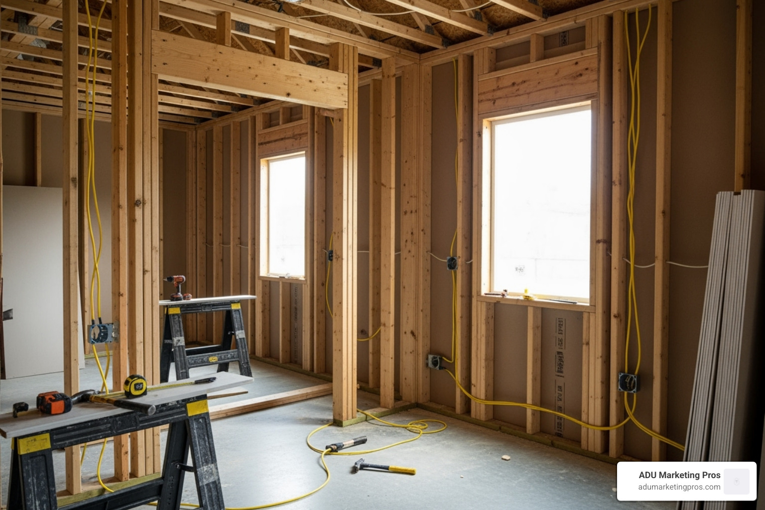 Image of a garage mid-conversion, showing exposed framing, new window openings, and initial electrical wiring. - Garage conversion plans Image of a garage mid-conversion, showing exposed framing, new window openings, and initial electrical wiring. - Garage conversion plans