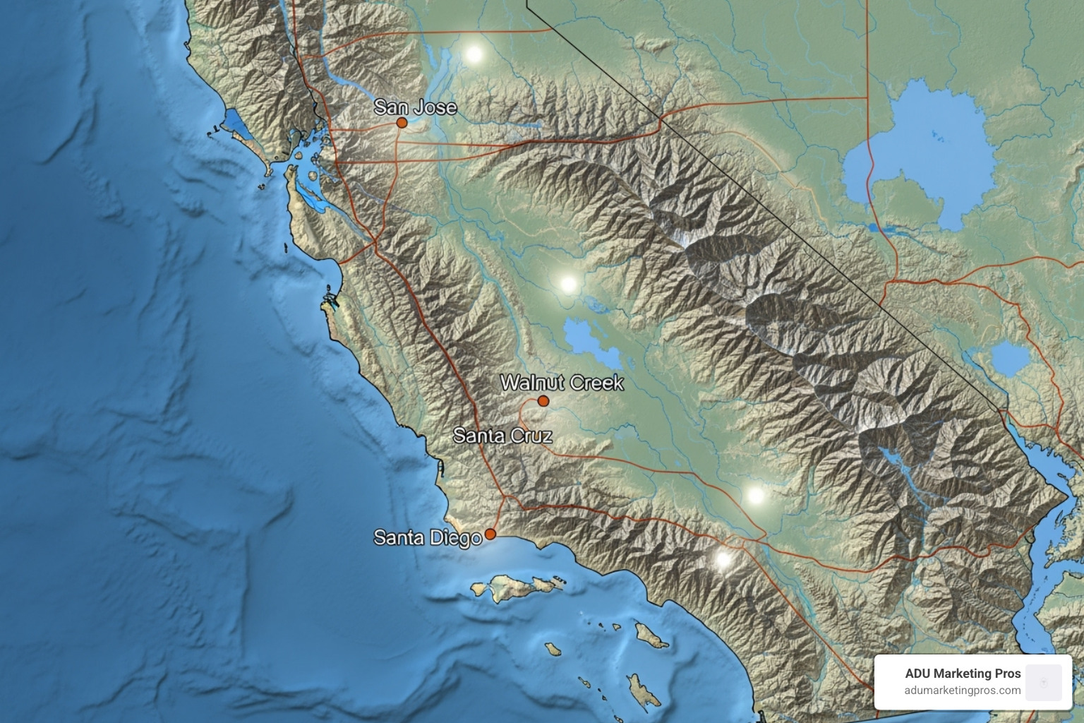 A map of California highlighting major cities like San Diego, San Jose, Walnut Creek, and Santa Cruz, indicating areas with active local ADU incentive programs. - california adu incentives