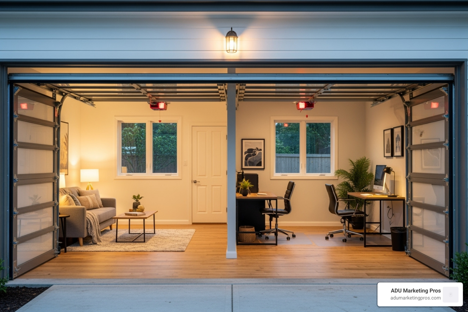 A detailed 2D floor plan for a one-bedroom garage apartment, showing distinct areas for living, kitchen, bedroom, and bathroom. - Garage conversion plans A detailed 2D floor plan for a one-bedroom garage apartment, showing distinct areas for living, kitchen, bedroom, and bathroom. - Garage conversion plans