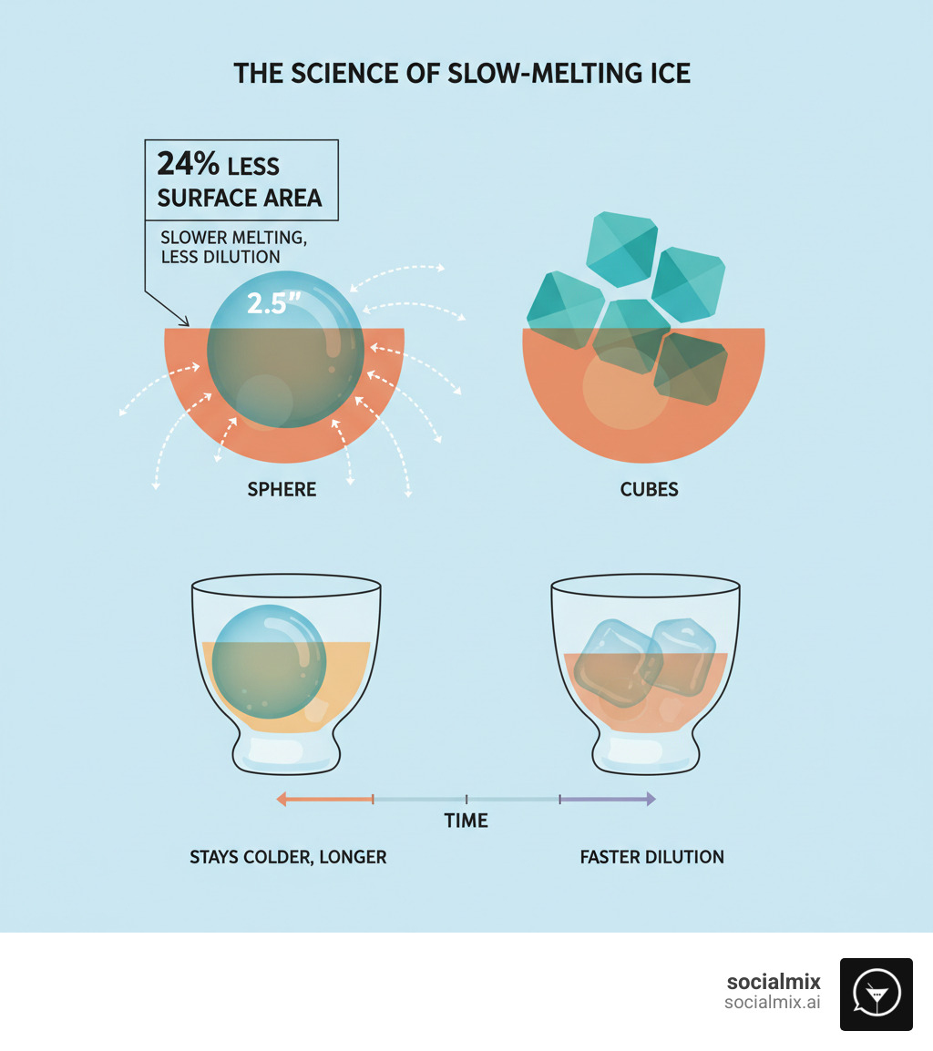 Infographic showing the science behind ice ball molds: A sphere has 24% less surface area than a cube of the same volume, resulting in slower melting and less dilution. The diagram compares a 2.5-inch ice sphere to equivalent ice cubes, with arrows indicating reduced contact area with liquid. Includes visual representation of melting rates over time in a cocktail glass. - Ice ball molds infographic  Infographic showing the science behind ice ball molds: A sphere has 24% less surface area than a cube of the same volume, resulting in slower melting and less dilution. The diagram compares a 2.5-inch ice sphere to equivalent ice cubes, with arrows indicating reduced contact area with liquid. Includes visual representation of melting rates over time in a cocktail glass. - Ice ball molds infographic