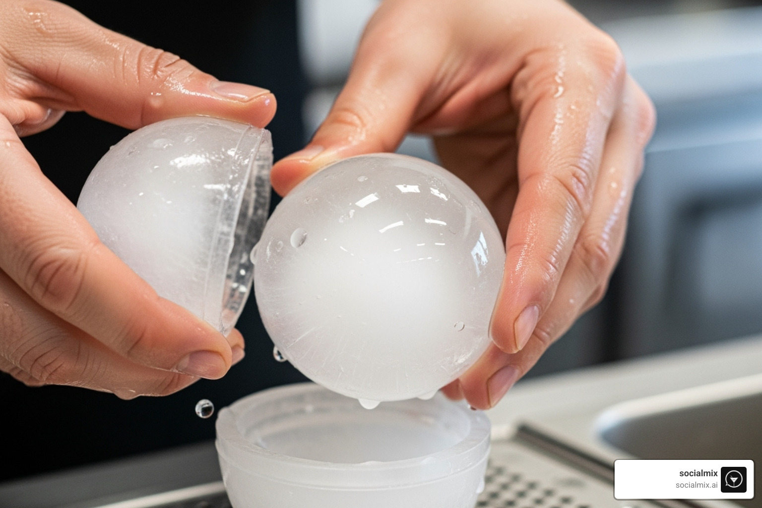 hands demolding a perfect ice sphere - Ice ball molds hands demolding a perfect ice sphere - Ice ball molds