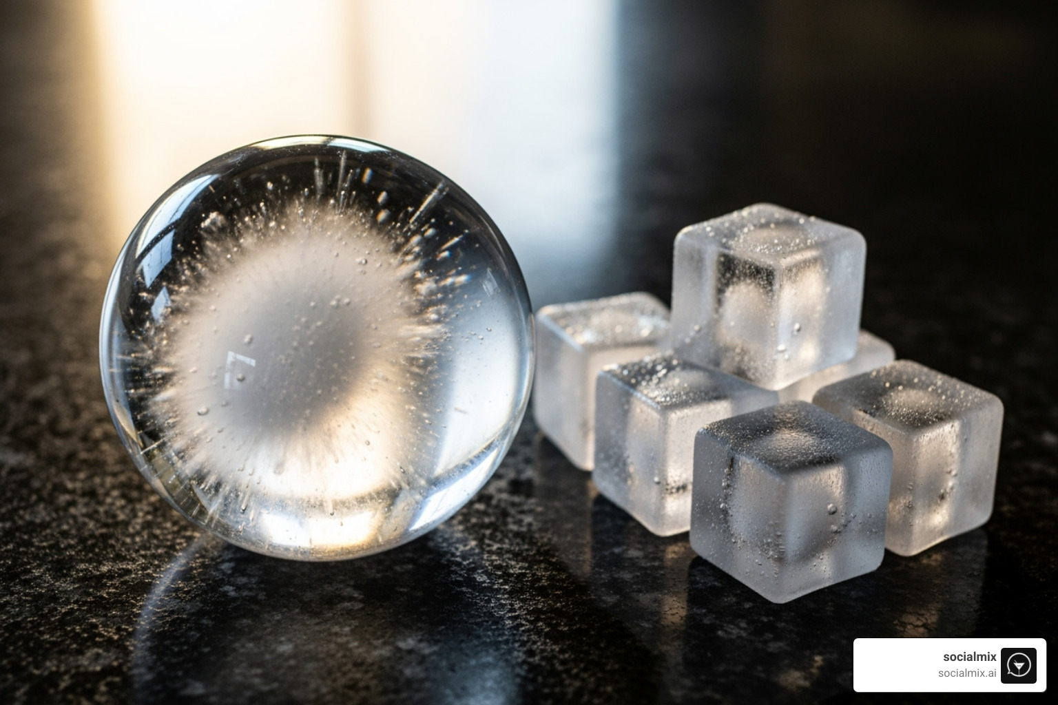 single large ice sphere next to several small ice cubes - Ice ball molds single large ice sphere next to several small ice cubes - Ice ball molds