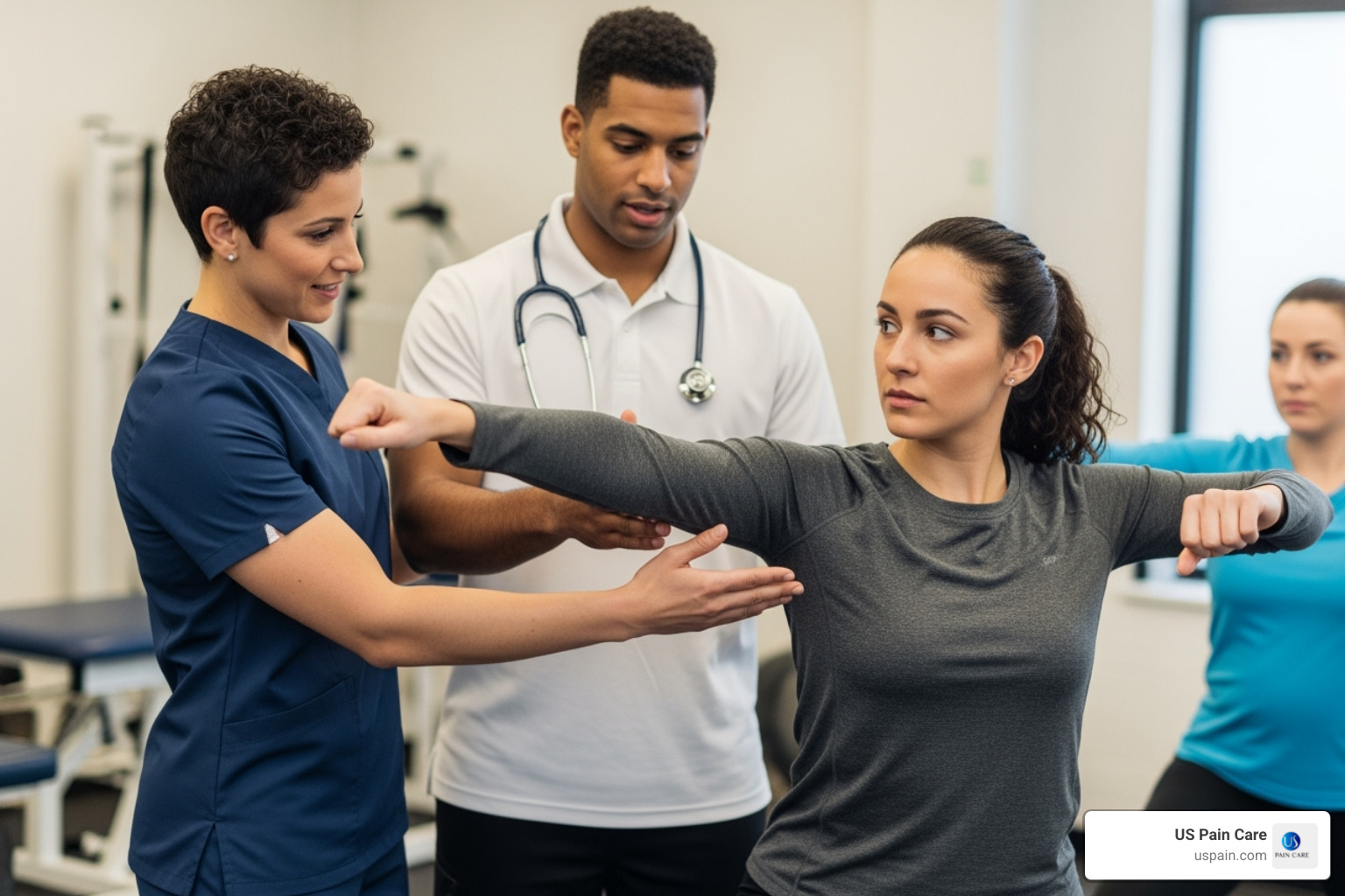 A physical therapist guiding a patient through a recovery exercise, demonstrating proper form and providing encouragement. - sports injury carson city