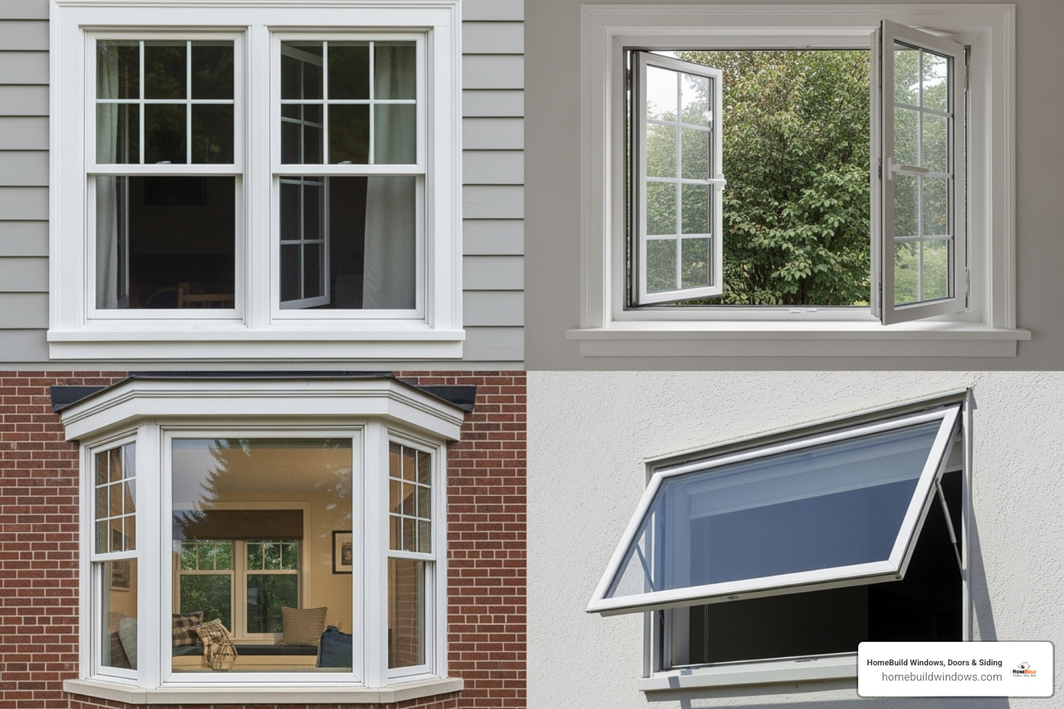 A collage image showcasing various window styles including double-hung, casement, bay, and awning windows, highlighting their distinct designs. - window replacement arlington heights