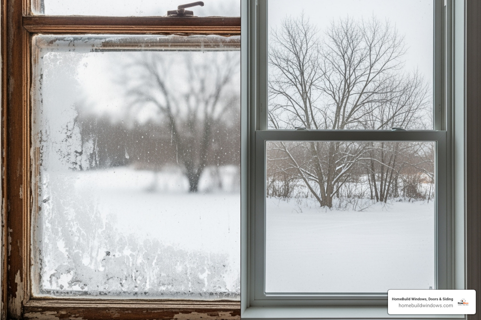 A split image showing a drafty old window with frost buildup on one side, and a clear, new energy-efficient window on the other side, illustrating the contrast in comfort and efficiency. - window replacement arlington heights