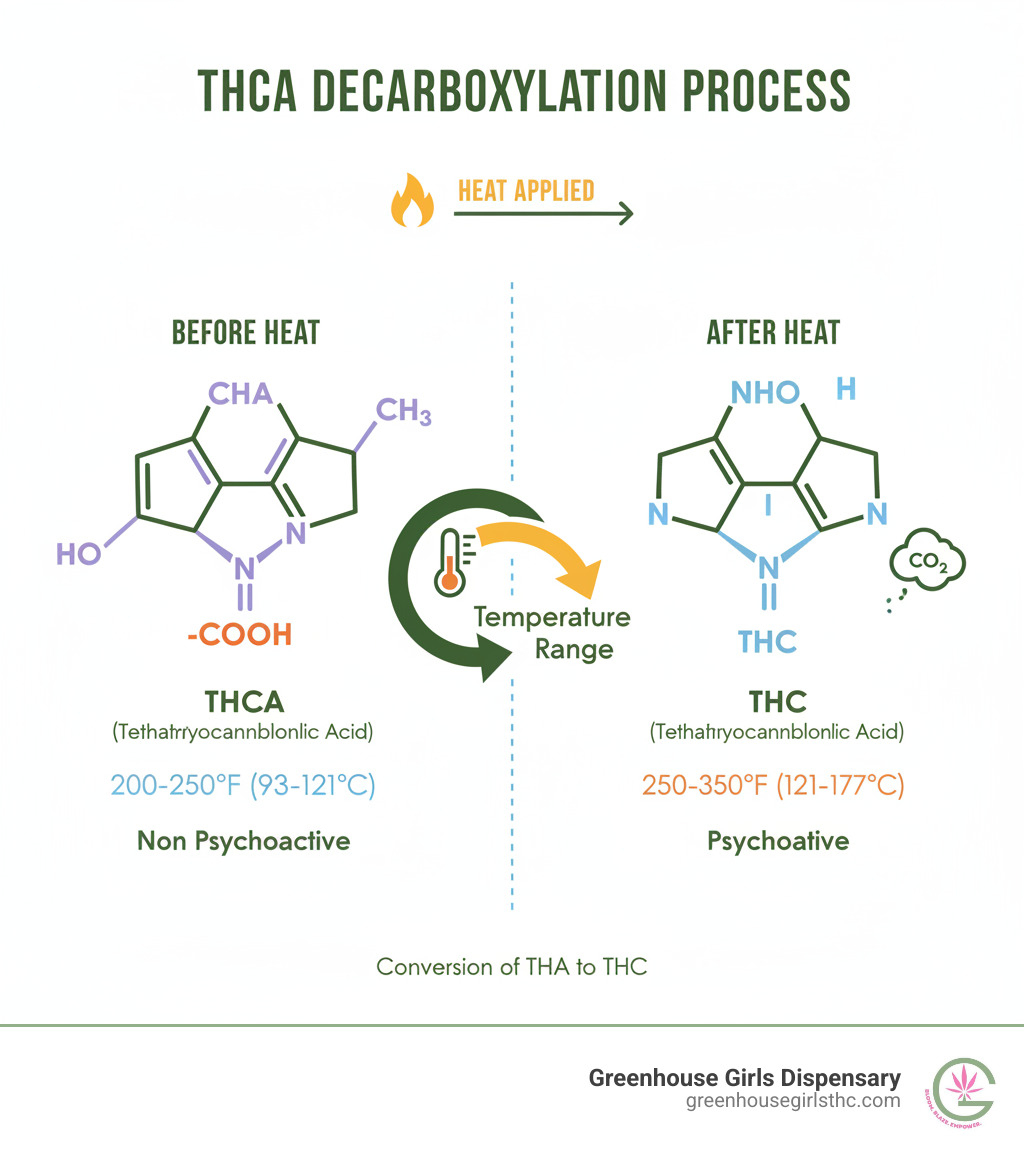 infographic showing the decarboxylation process where THCA converts to THC when heat is applied, including temperature ranges and molecular structure changes - thca live resin infographic infographic showing the decarboxylation process where THCA converts to THC when heat is applied, including temperature ranges and molecular structure changes - thca live resin infographic