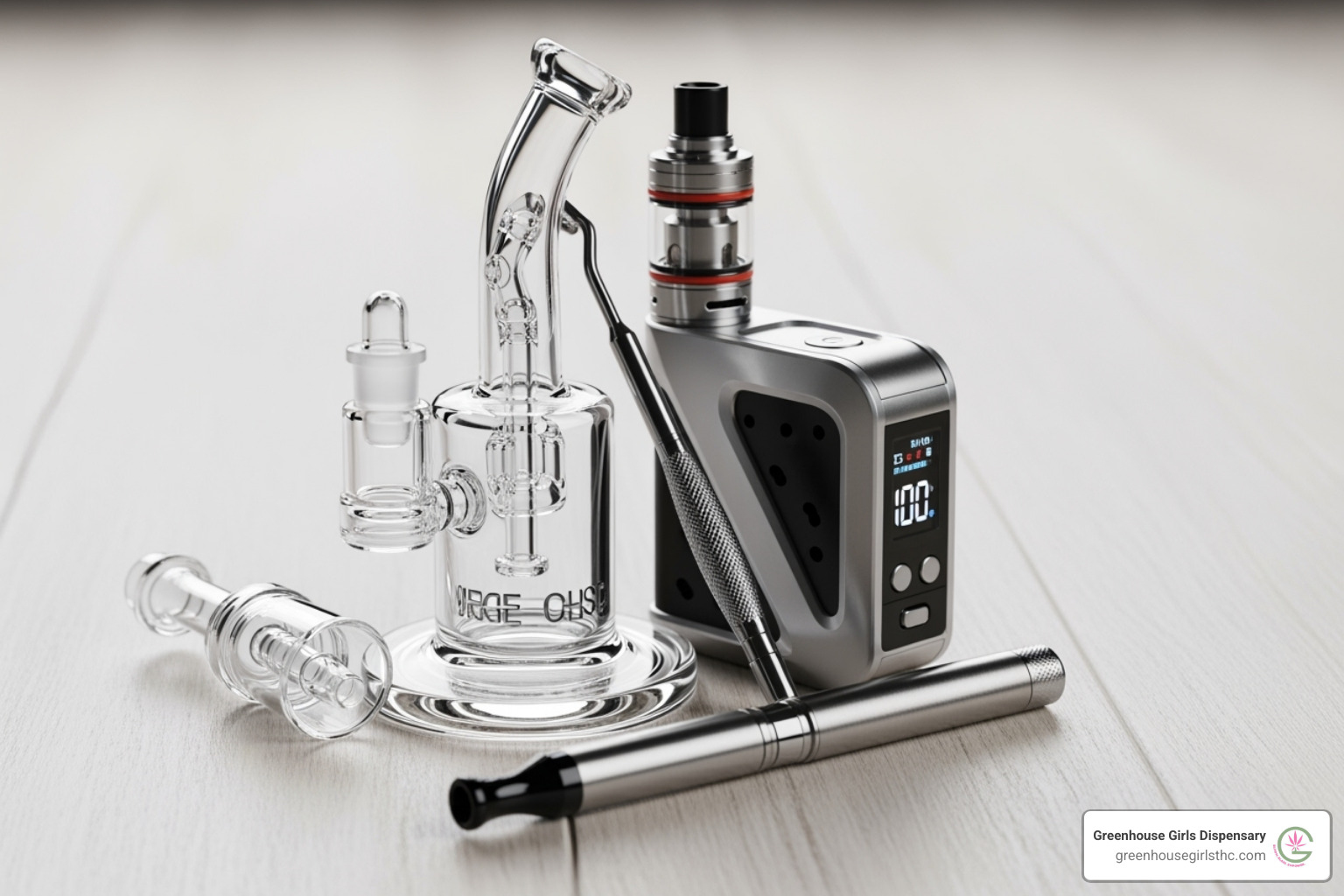 various tools for consuming cannabis concentrates: a dab rig, an e-rig, and a vape pen - thca live resin various tools for consuming cannabis concentrates: a dab rig, an e-rig, and a vape pen - thca live resin