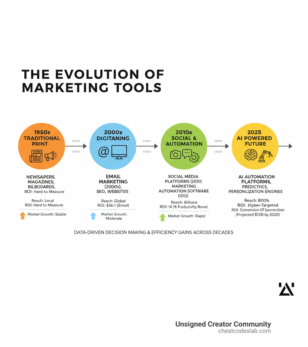 infographic showing the evolution of marketing tools from traditional print advertising in the 1950s through digital marketing in the 2000s to AI-powered automation platforms in 2025, with key milestones including the rise of email marketing, social media platforms, marketing automation software, and modern AI tools, displaying market growth statistics and ROI improvements at each stage - marketing tool infographic 