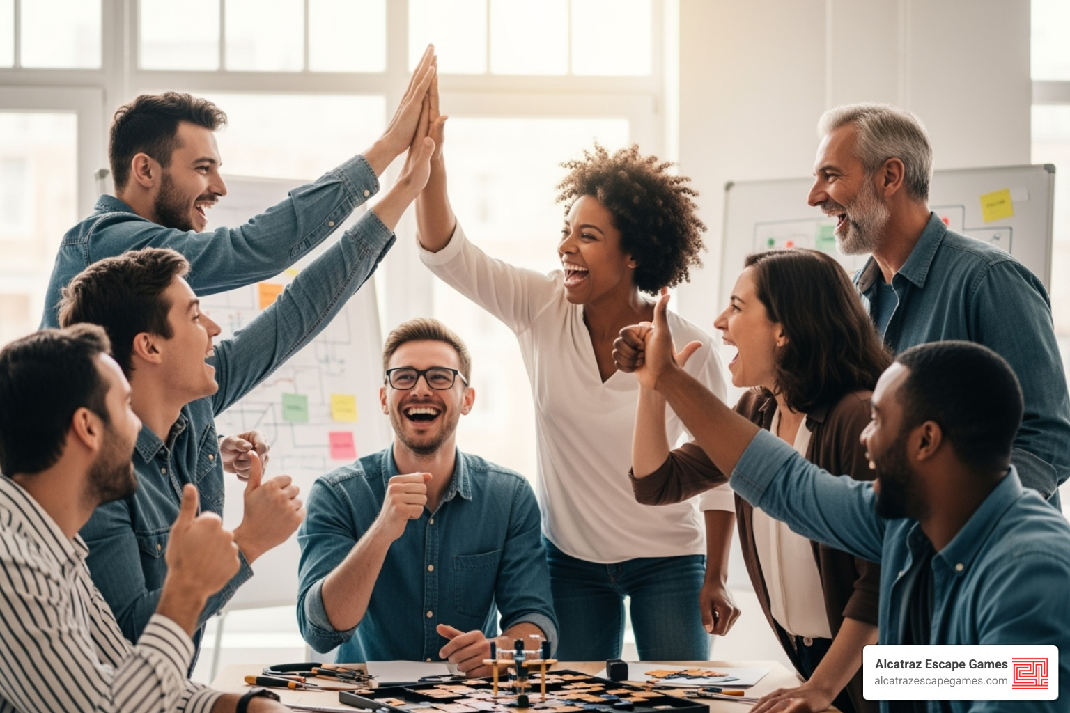 team high-fiving after successfully solving a puzzle - why escape rooms are good for team building