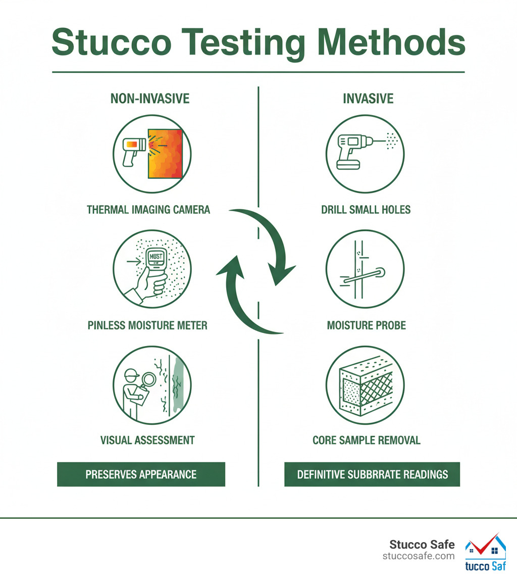 Infographic showing the difference between non-invasive and invasive stucco testing methods: Non-invasive includes thermal imaging camera scanning exterior walls, pinless moisture meter against stucco surface, and inspector performing visual assessment with checklist; Invasive shows drill making small holes in stucco, moisture probe inserted into wall, and core sample being removed; labels indicate non-invasive preserves appearance while invasive provides definitive substrate readings - non invasive stucco testing infographic  Infographic showing the difference between non-invasive and invasive stucco testing methods: Non-invasive includes thermal imaging camera scanning exterior walls, pinless moisture meter against stucco surface, and inspector performing visual assessment with checklist; Invasive shows drill making small holes in stucco, moisture probe inserted into wall, and core sample being removed; labels indicate non-invasive preserves appearance while invasive provides definitive substrate readings - non invasive stucco testing infographic