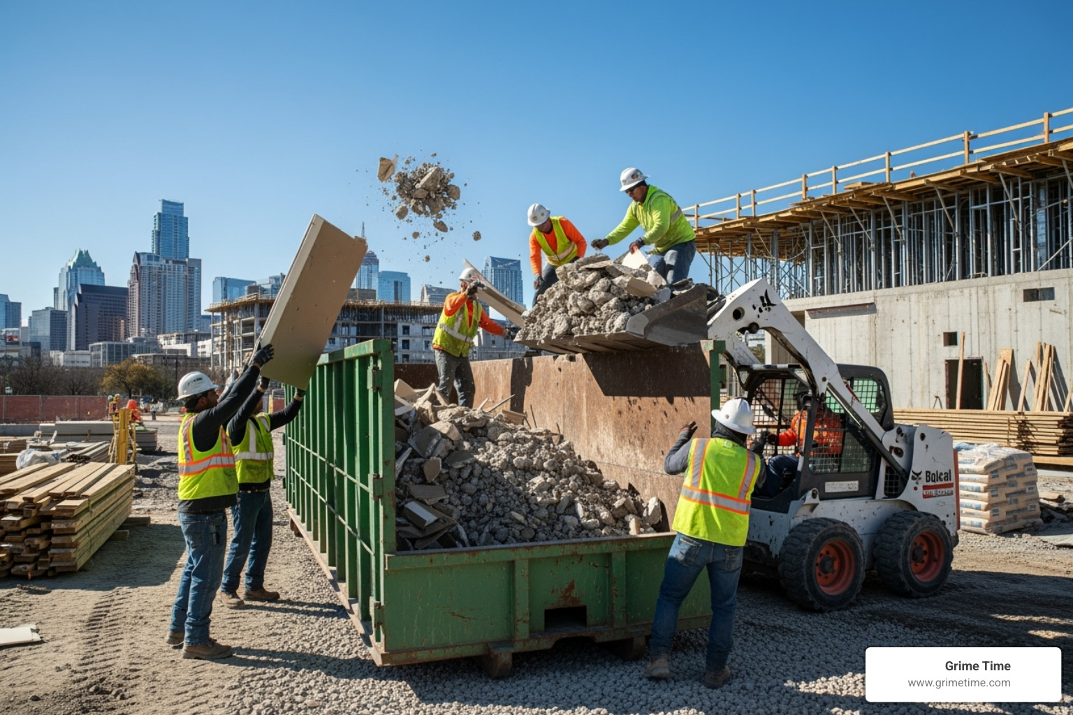 workers loading construction debris into a dumpster - Austin TX dumpsters