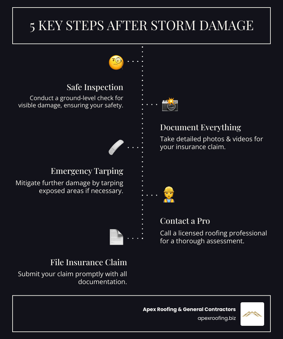 infographic showing 5 key steps after storm damage: 1. Conduct Safe Ground-Level Inspection 2. Document All Damage with Photos and Video 3. Perform Emergency Tarping if Needed 4. Contact Licensed Roofing Professional 5. File Insurance Claim Promptly - roofing storm damage infographic infographic-line-5-steps-dark