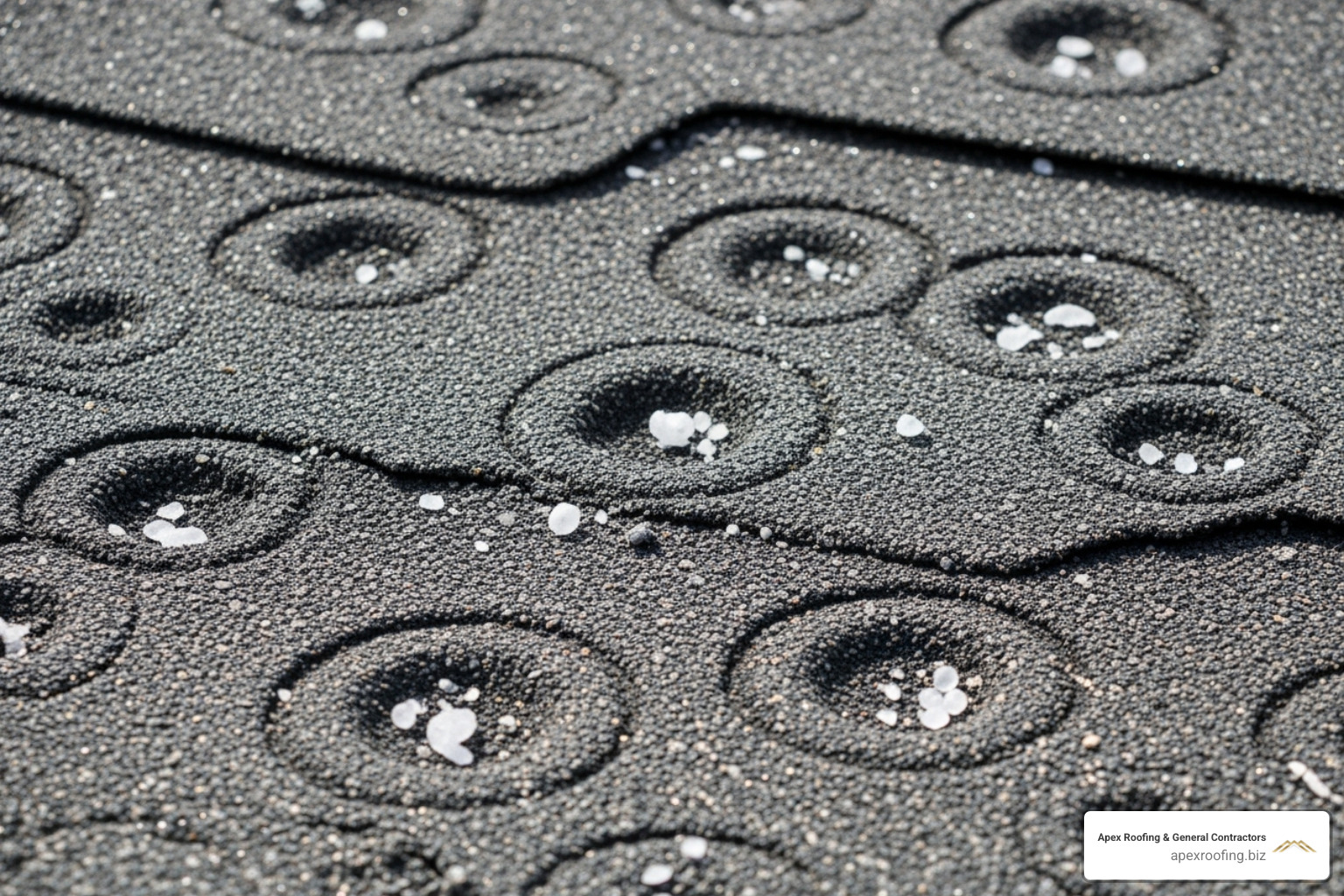 hail damage indentations on an asphalt shingle - roofing storm damage