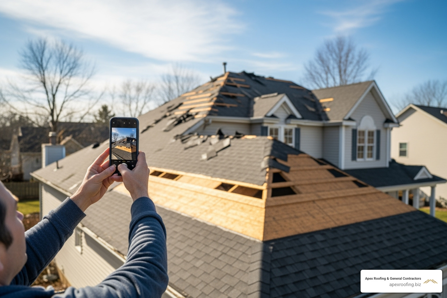 homeowner taking photos of roof damage with a smartphone - roofing storm damage