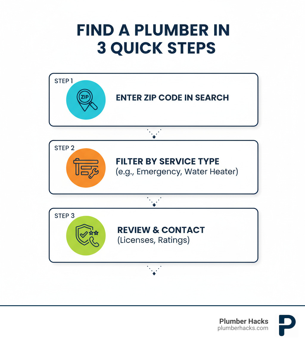 infographic showing three steps to find a plumber: Step 1 - Enter your ZIP code in the directory search, Step 2 - Filter results by service type like emergency or water heater repair, Step 3 - Review licenses and ratings then contact your top choice - plumber directory infographic 