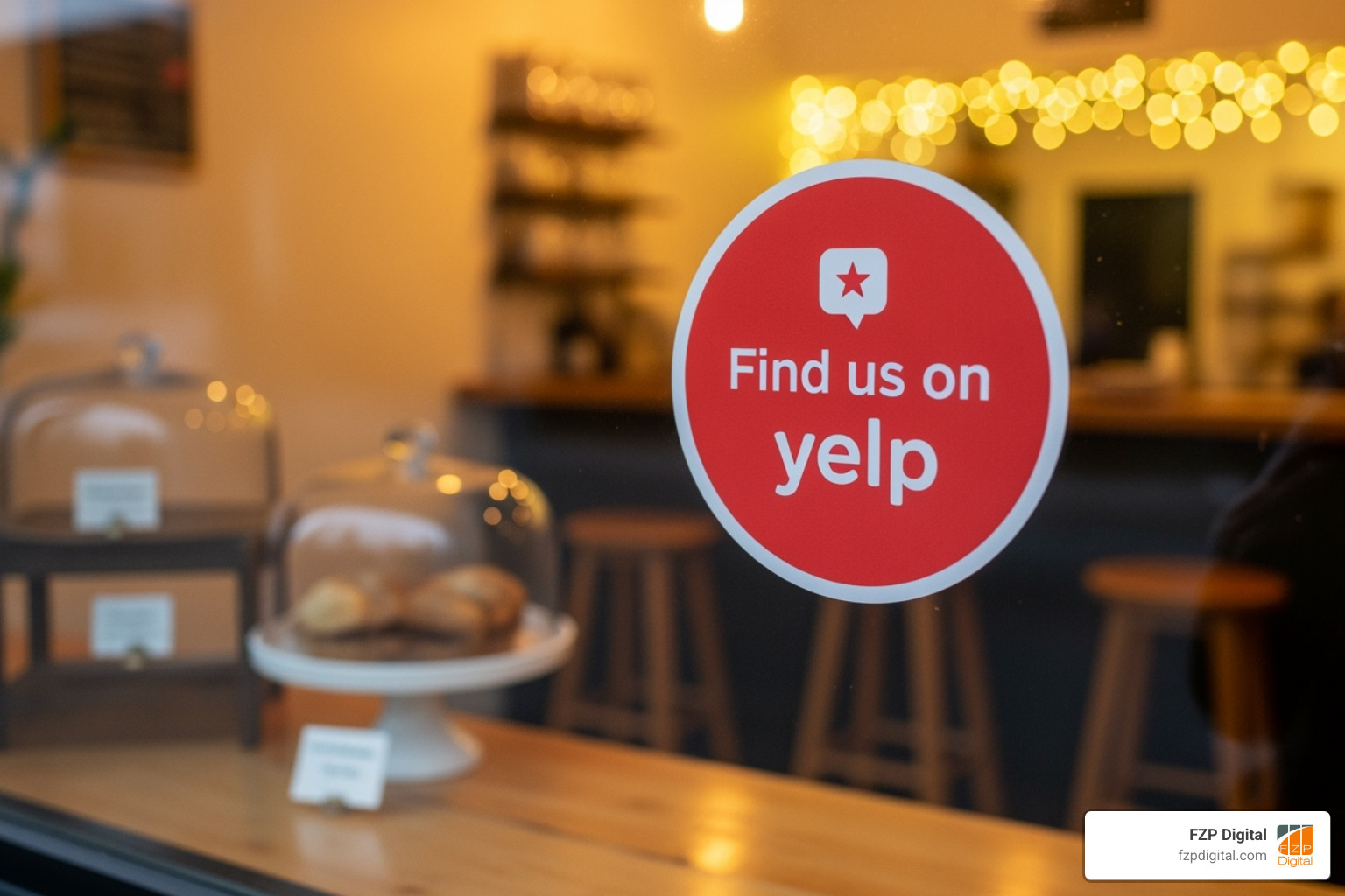 Find us on Yelp sticker in a shop window - Yelp review management