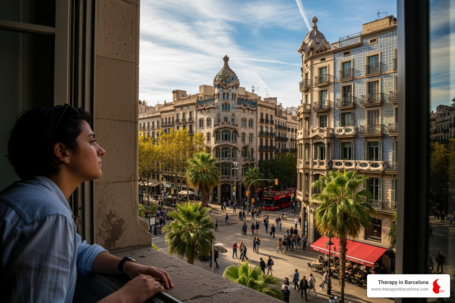 Person looking contemplatively out of a window at a vibrant Barcelona street scene - English speaking therapy Person looking contemplatively out of a window at a vibrant Barcelona street scene - English speaking therapy