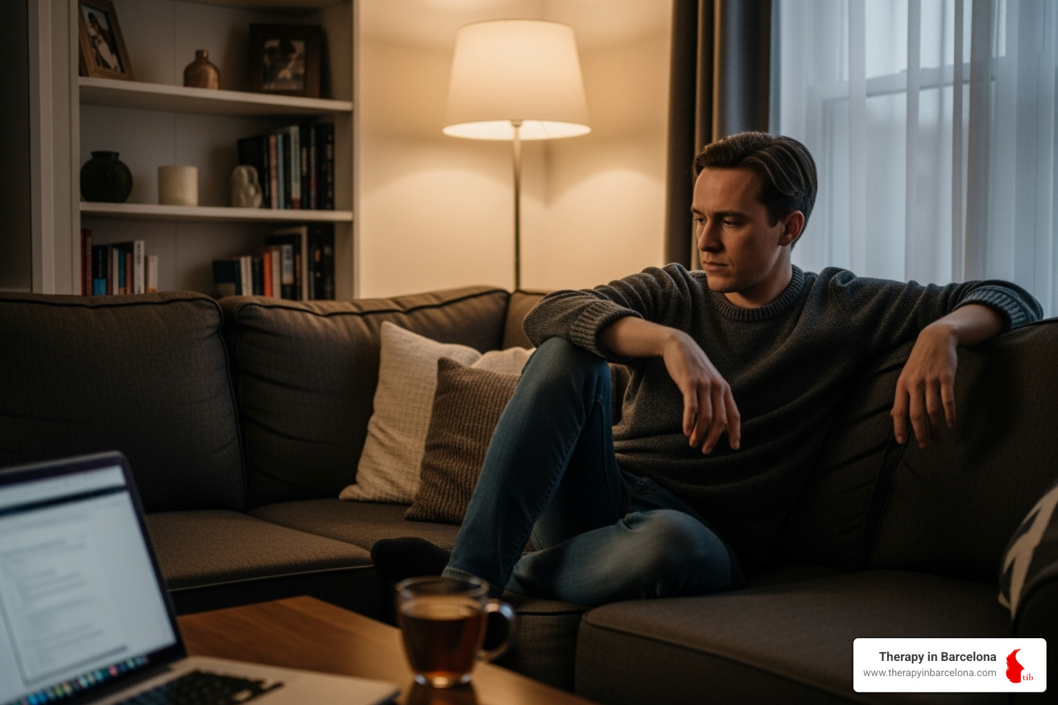 A person sitting comfortably on a sofa, looking thoughtful, with a laptop open but out of focus, suggesting a moment of introspection - English speaking therapy A person sitting comfortably on a sofa, looking thoughtful, with a laptop open but out of focus, suggesting a moment of introspection - English speaking therapy