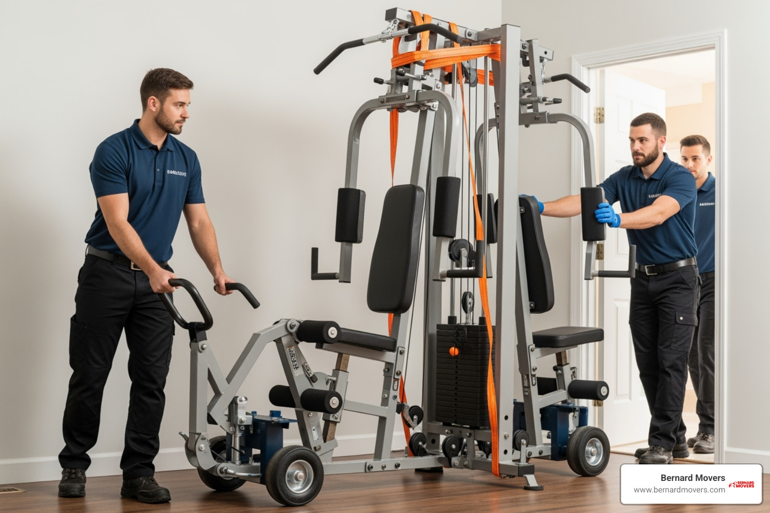movers using specialized dollies and straps to move a large weight machine - Fitness equipment movers Chicago movers using specialized dollies and straps to move a large weight machine - Fitness equipment movers Chicago