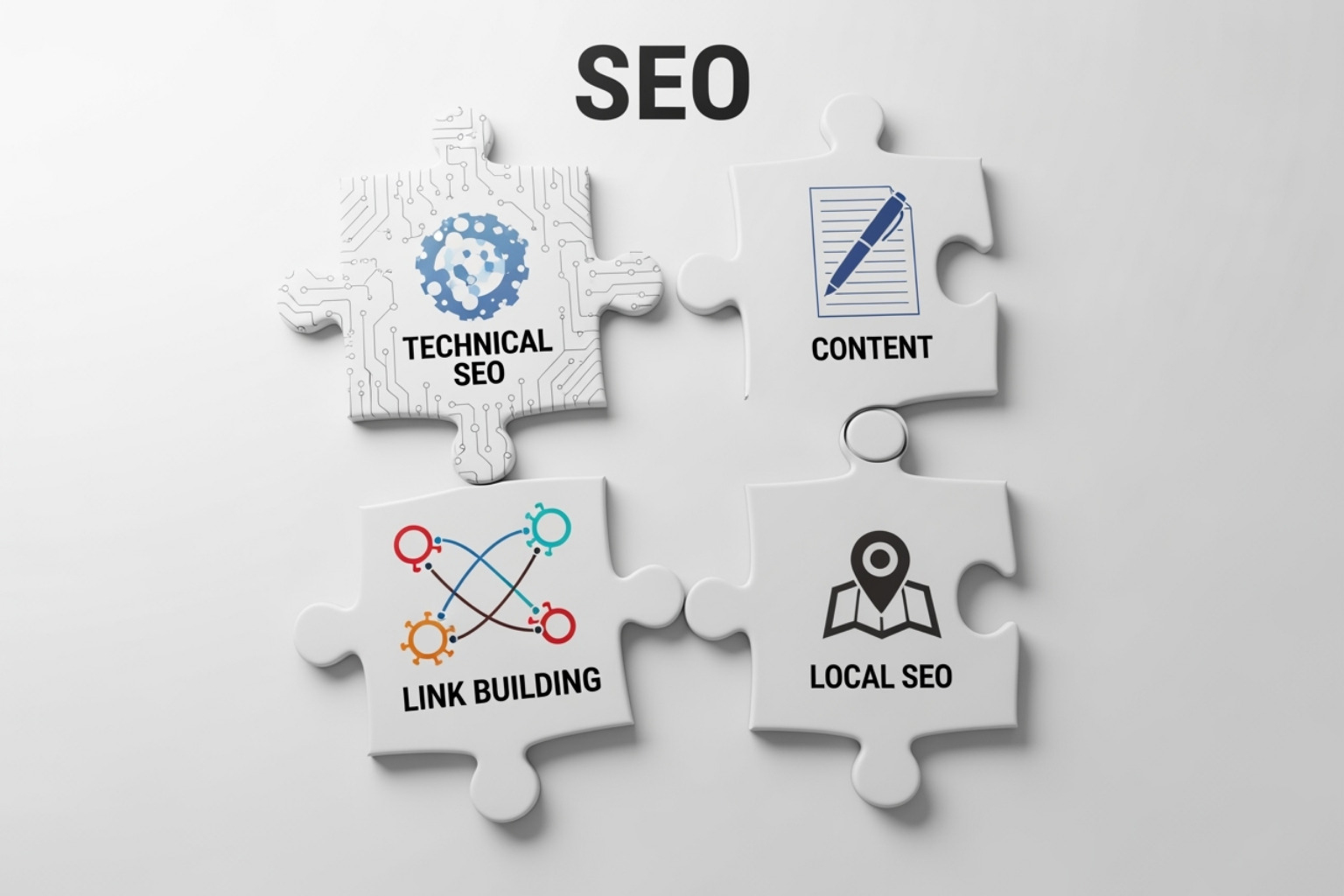 puzzle pieces labeled Technical SEO, Content, Link Building, and Local SEO - Results-driven SEO