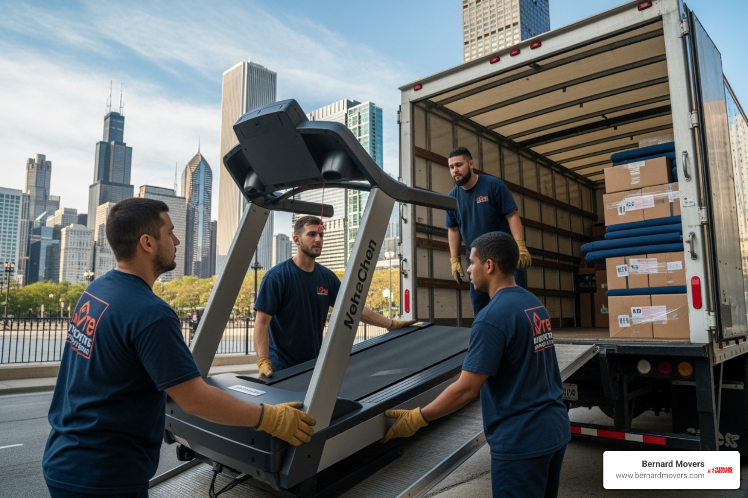 professional movers carefully loading a treadmill onto a moving truck with the Chicago skyline in the background - Fitness equipment movers Chicago professional movers carefully loading a treadmill onto a moving truck with the Chicago skyline in the background - Fitness equipment movers Chicago